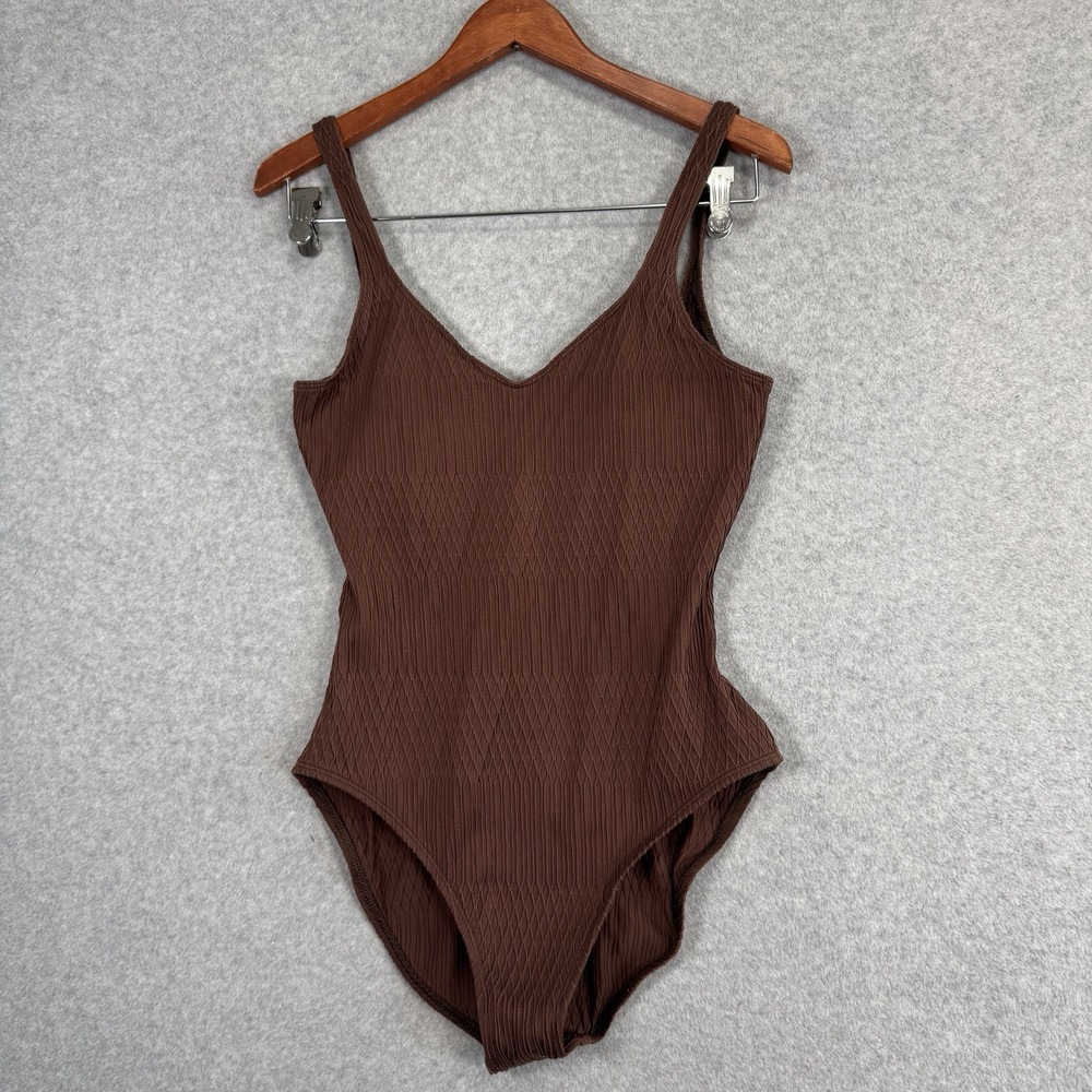 Sessa Brown Textured One Piece Swimsuit Size 14 V Neck Built In Bra VTG 90s 80s